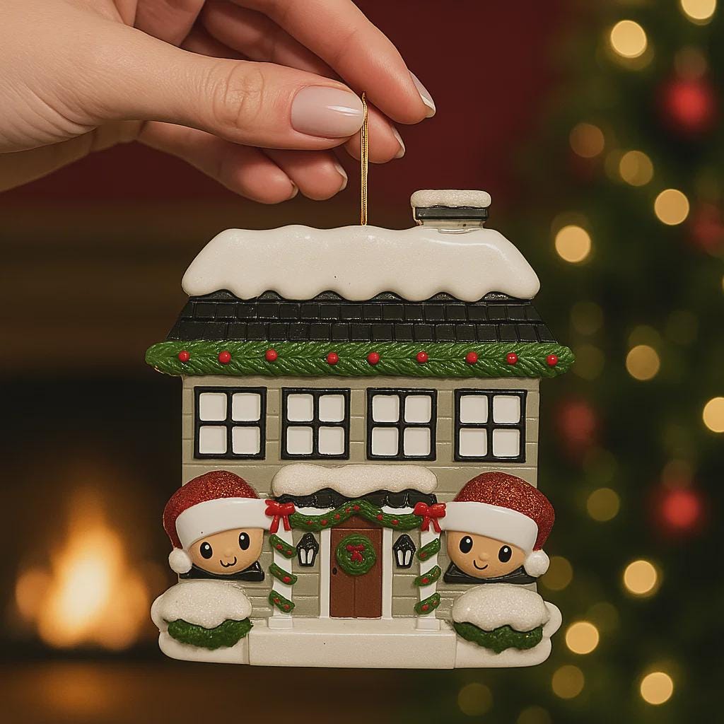 Personalized Christmas house ornament featuring a cozy winter home decorated with snow, wreaths, garlands, and festive details. Two smiling characters wearing Santa hats peek from the front, each customizable with a name, while the roof displays a year or family name. Designed with a detailed 3D raised front and smooth finish, this ornament is perfect for Christmas tree decor, family keepsakes, new home celebrations, and holiday gifting.
