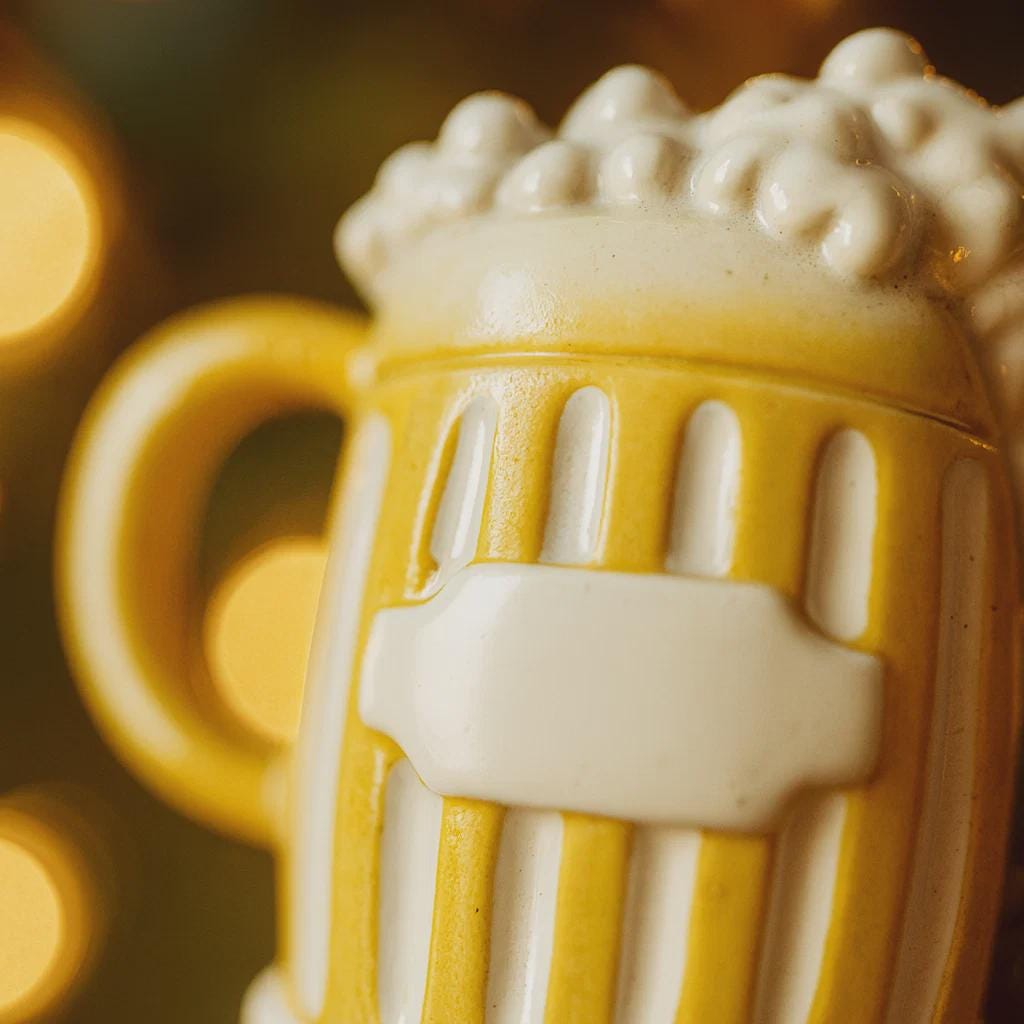 Close-up of a ceramic mug with foam, blurred lights in the background