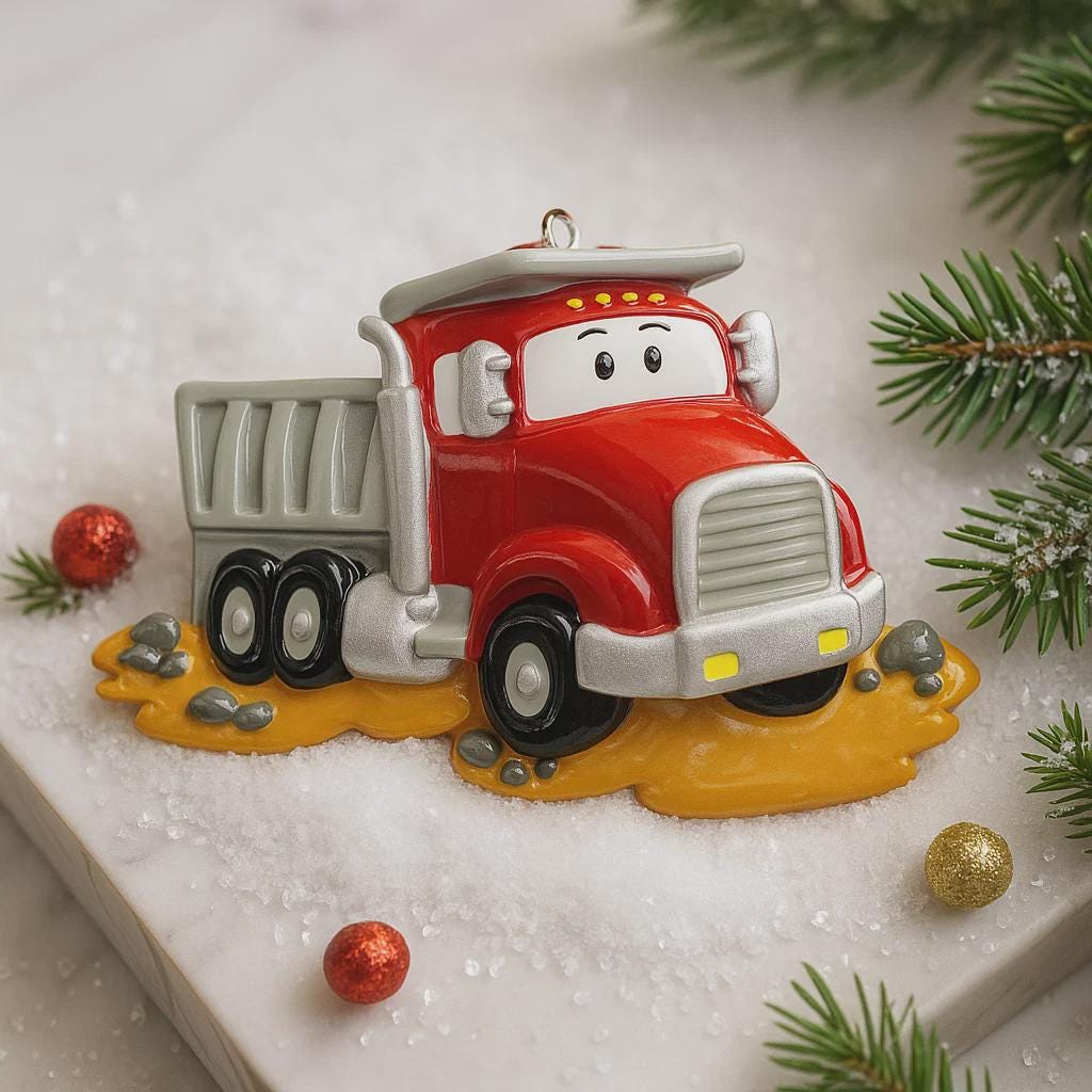 Red dump truck Christmas ornament on a snowy background with pine branches.