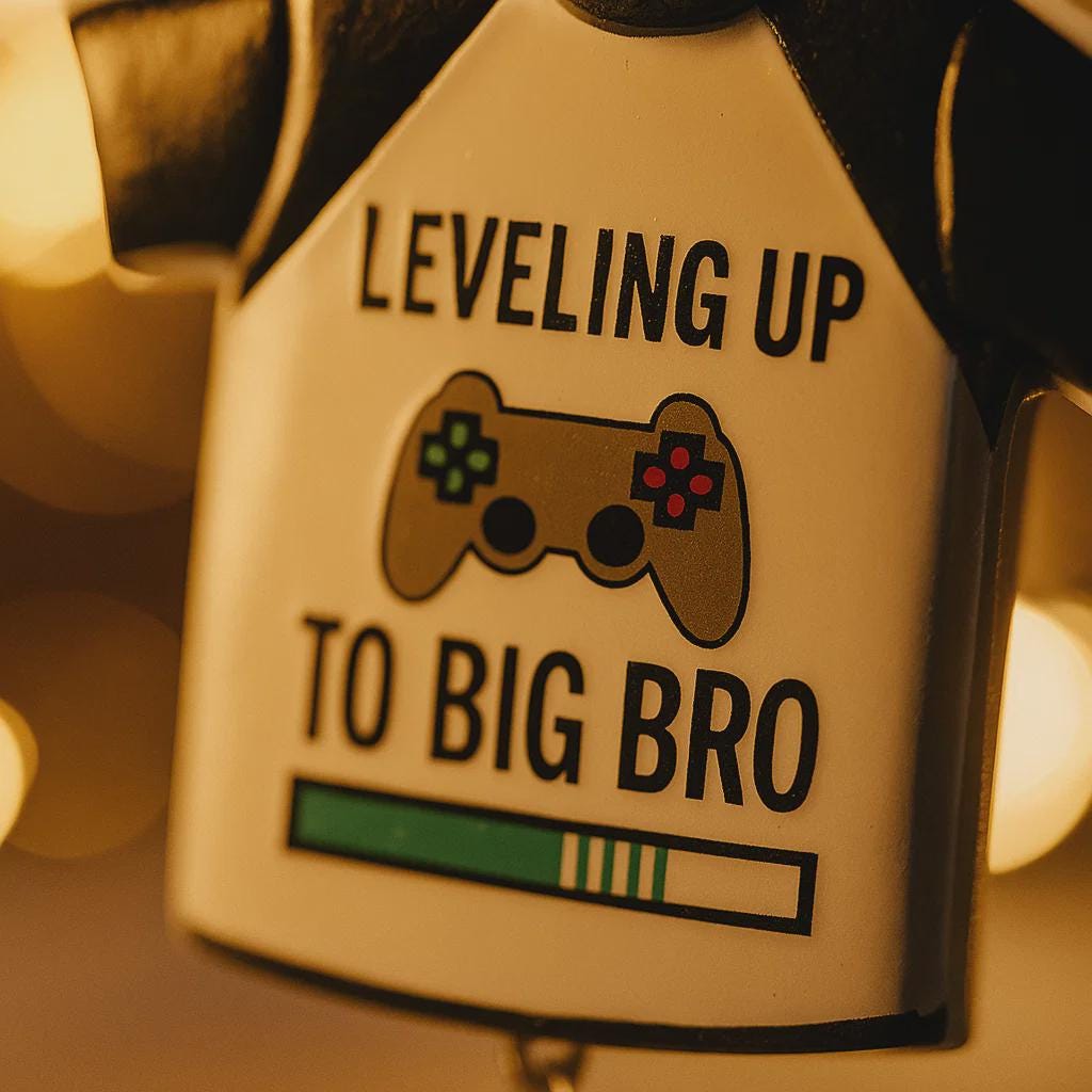 Decorative ornament with 'Leveling Up to Big Bro' text and gaming controller graphic on a blurred background.