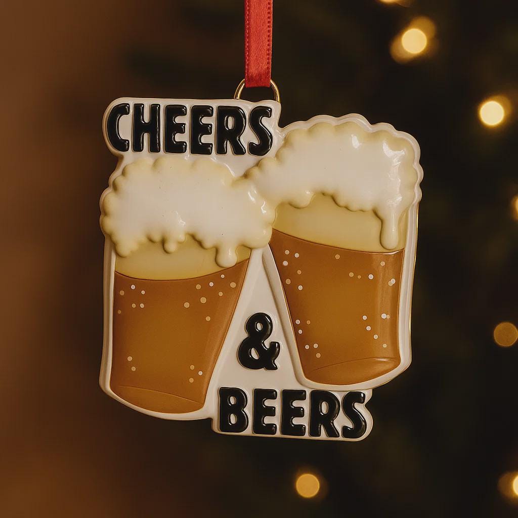 Personalized Cheers and Beers Christmas ornament featuring a raised 3D front with two frothy beer mugs clinking together. The design includes bold “Cheers” and “Beers” lettering, detailed foam texture, and warm amber beer tones. The ornament has a flat 2D back for easy hanging. Hand-added personalization allows two names and a year. Styled on a rustic wooden background with Christmas lights, greenery, and festive decor for a cozy holiday atmosphere.
