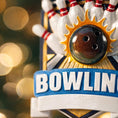 Load image into Gallery viewer, Bowling themed Christmas ornament featuring a raised 3D bowling ball striking detailed bowling pins on a shield style base. Personalized name and year placement is clearly visible on the front. Festive holiday styling with sports inspired details makes this ornament a perfect keepsake for bowling fans league players and Christmas tree decor.
