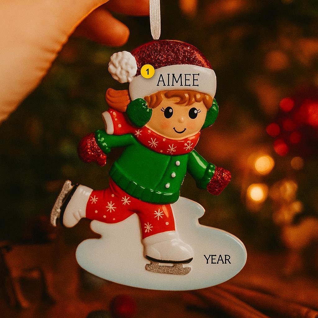 This ice skating girl ornament features a joyful winter character gliding on ice, wearing a festive red and green outfit with cozy winter details. The design highlights a playful skating pose, soft facial expression, and winter accessories that capture the magic of the holiday season. Personalized with a name on the hat and a year on the ice base, this ornament works beautifully as a Christmas tree decoration or winter keepsake gift for children and families.
