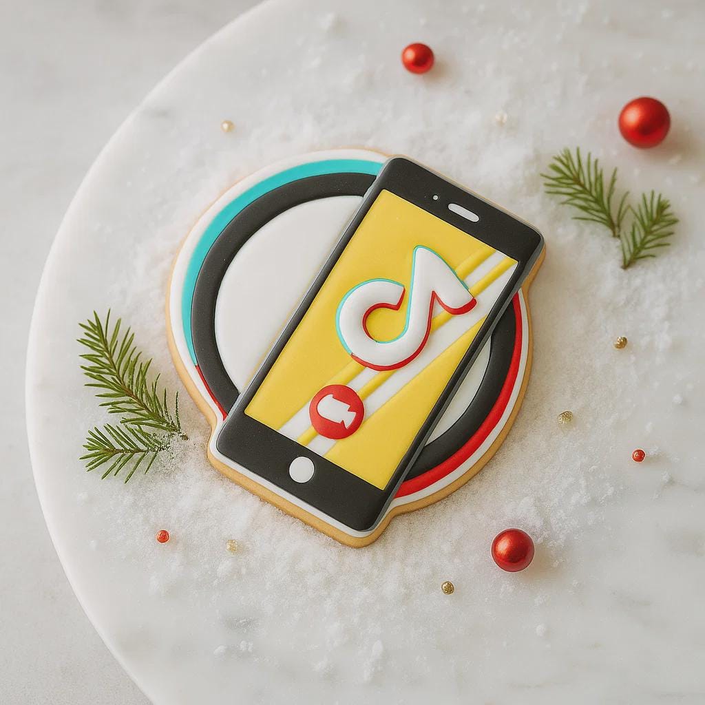 Cookie shaped like a smartphone with TikTok logo on a white surface with decorative elements.