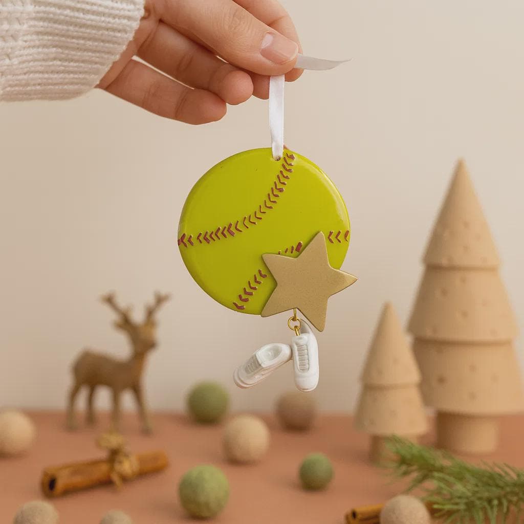 Decorative ornament shaped like a softball with a star on a neutral background