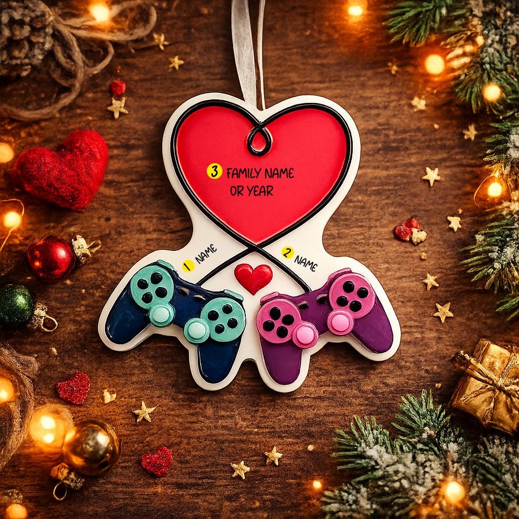 Gamer themed Christmas ornament featuring two game controllers connected with a heart design. Personalized with two custom names and a year or family name displayed on the ornament. Raised 3D details add texture and depth making it a unique holiday keepsake for gamer couples and gaming partners.