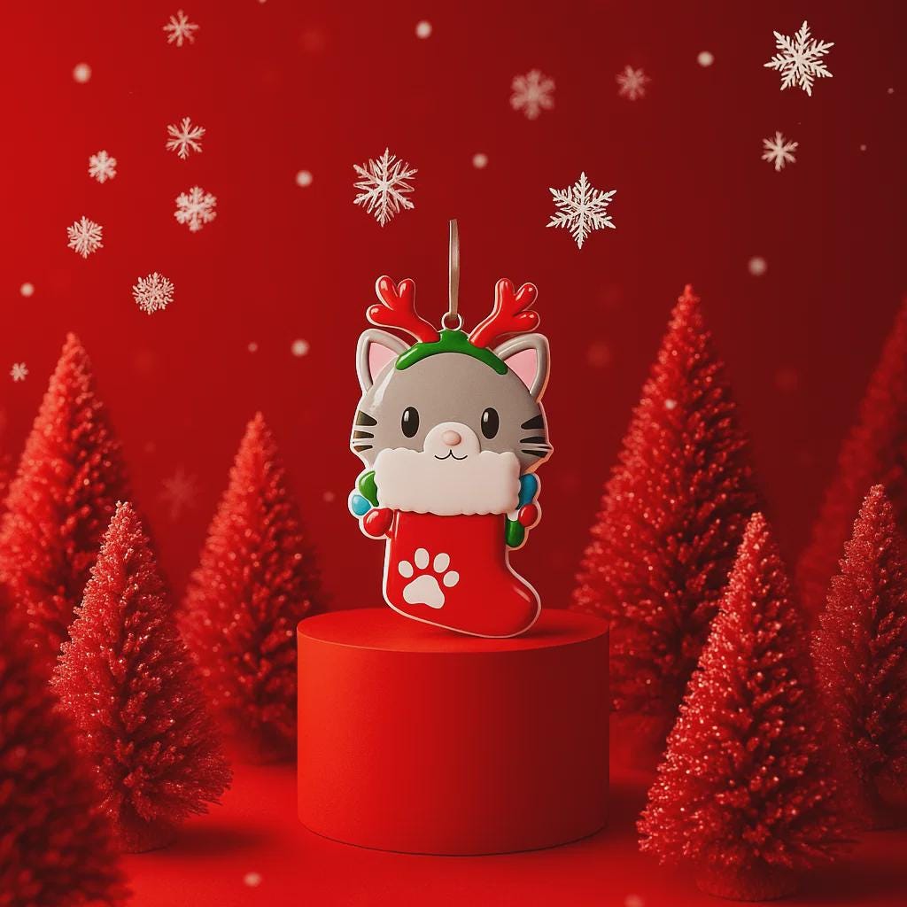 Christmas-themed ornament of a cat in a stocking with red trees and snowflakes on a red background