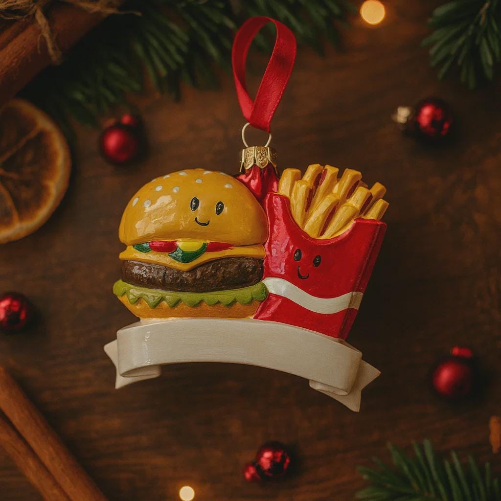 Hamburger and french fries ornament with a red ribbon on a wooden surface with Christmas decorations.