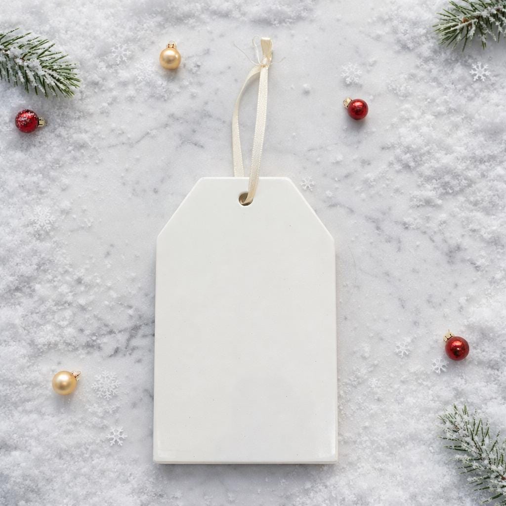 White tag with customizable ornament text on a festive background with Christmas decorations