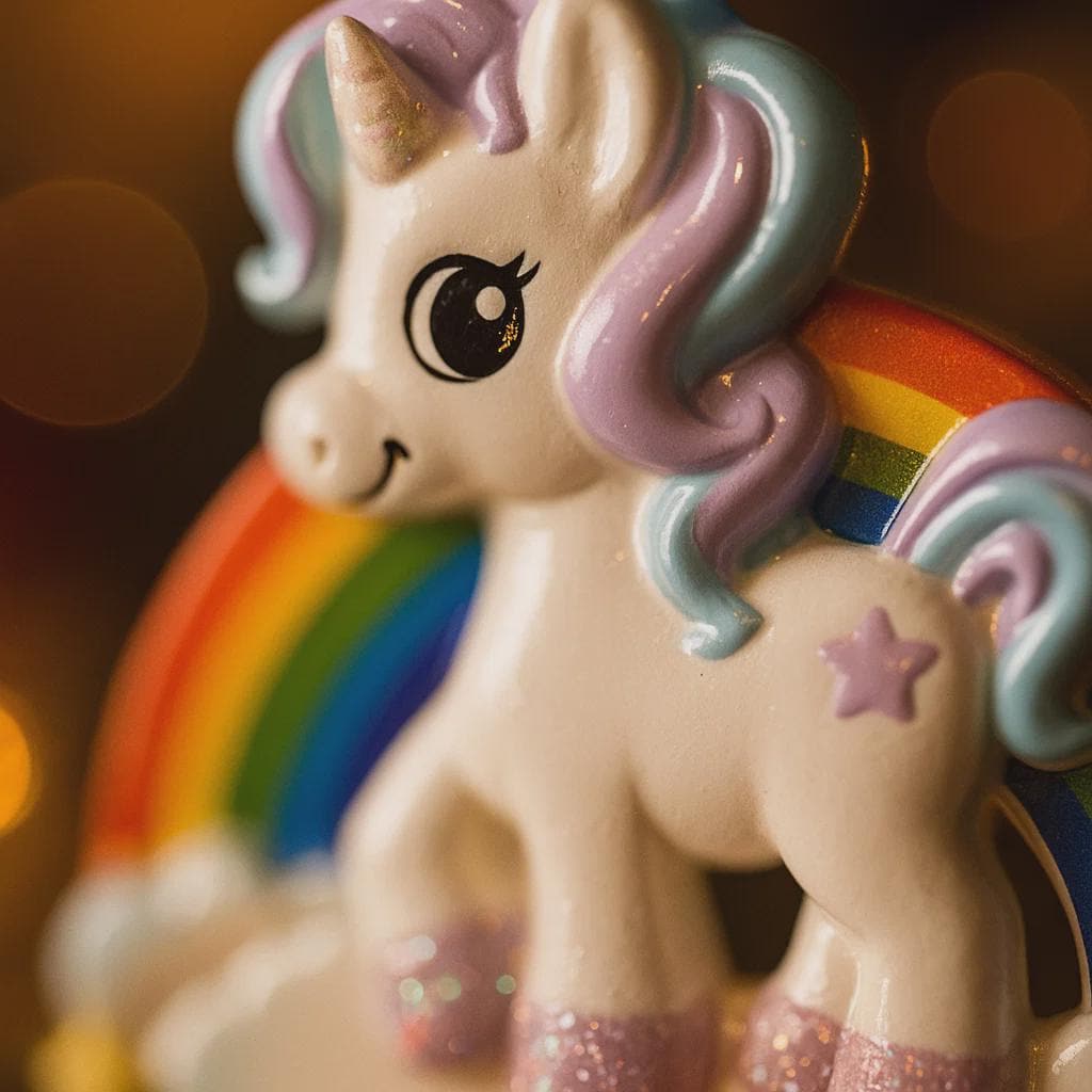 Toy unicorn with rainbow colors and a star on a blurred background
