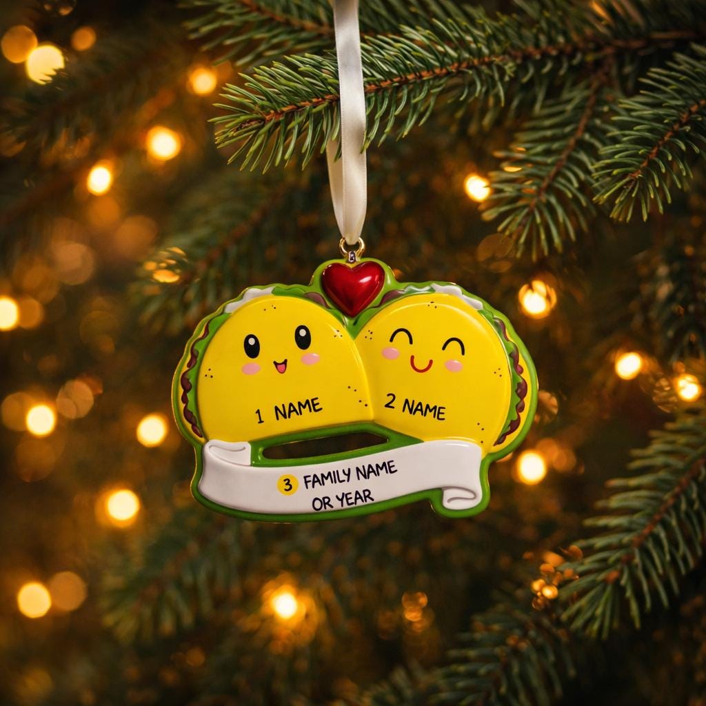 Personalized taco couple ornament featuring a playful and colorful design celebrating love and togetherness. This cute Christmas ornament can be customized with two names and a family name or year, making it perfect for couples, partners, newlyweds, engagements, anniversaries, Valentine’s Day, or fun holiday gifts. A joyful keepsake that represents shared laughter, connection, and memorable moments together.
