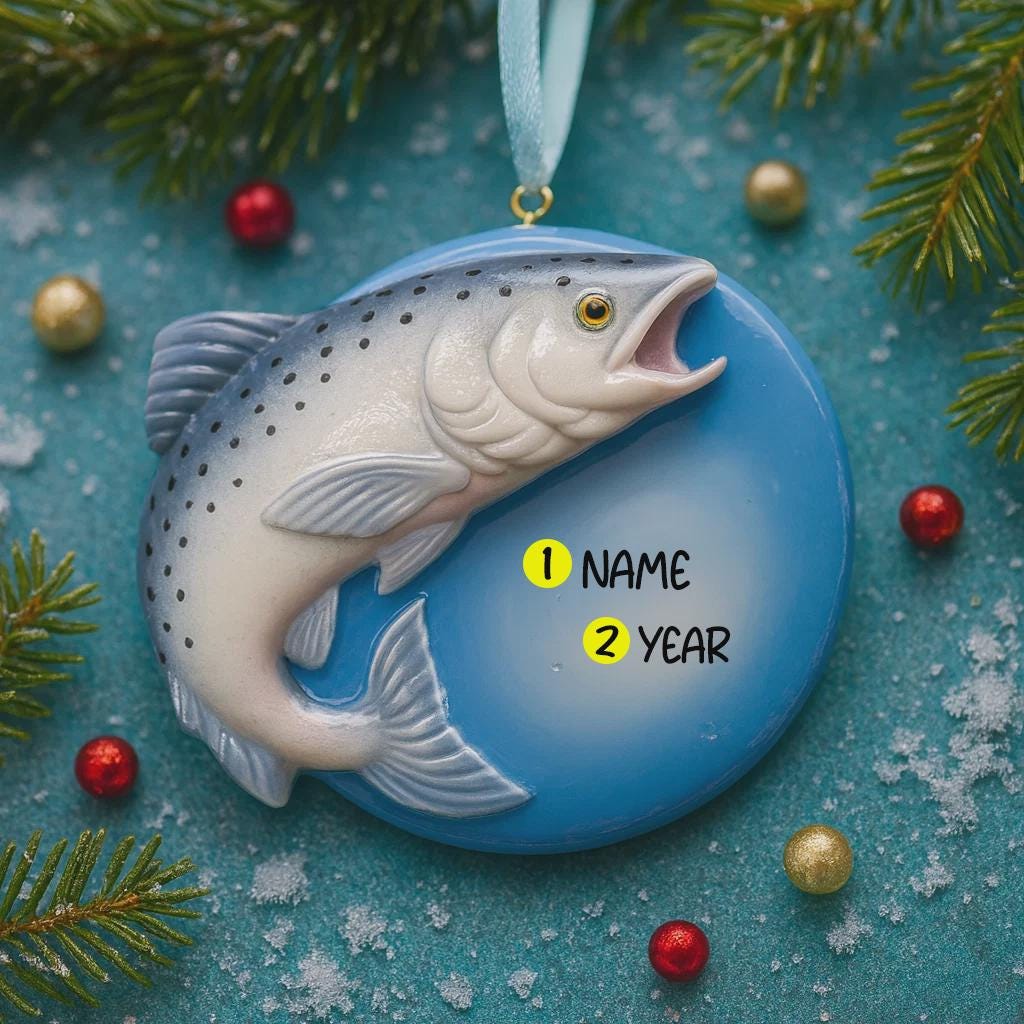 Decorative Trout  fish ornament with customizable name and year on a festive background
