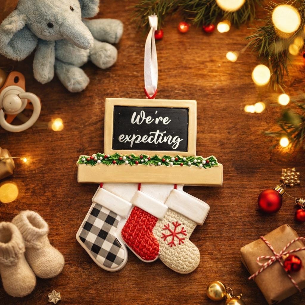Decorative sign with 'We're expecting' on a wooden surface with Christmas-themed items.