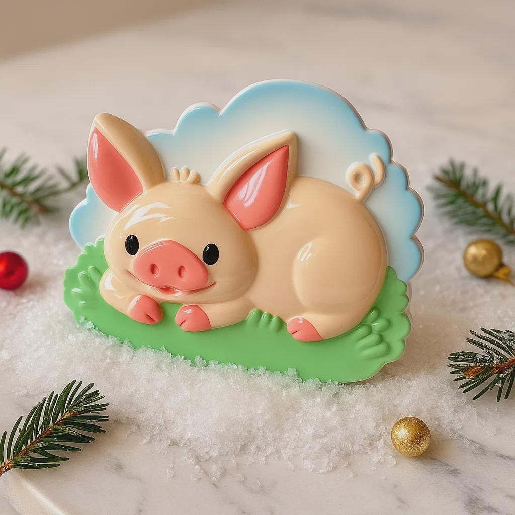Decorative pig ornament on a snowy background with Christmas decorations