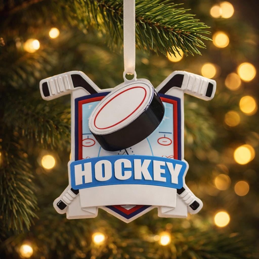 Personalized hockey Christmas ornament featuring a hockey puck and crossed hockey sticks design, customizable name area on the front banner and customizable year area on the puck, glossy finish with raised 3D front details and flat 2D back, white hanging ribbon, displayed on a snowy ice rink themed holiday background with hockey accessories and festive winter decorations.