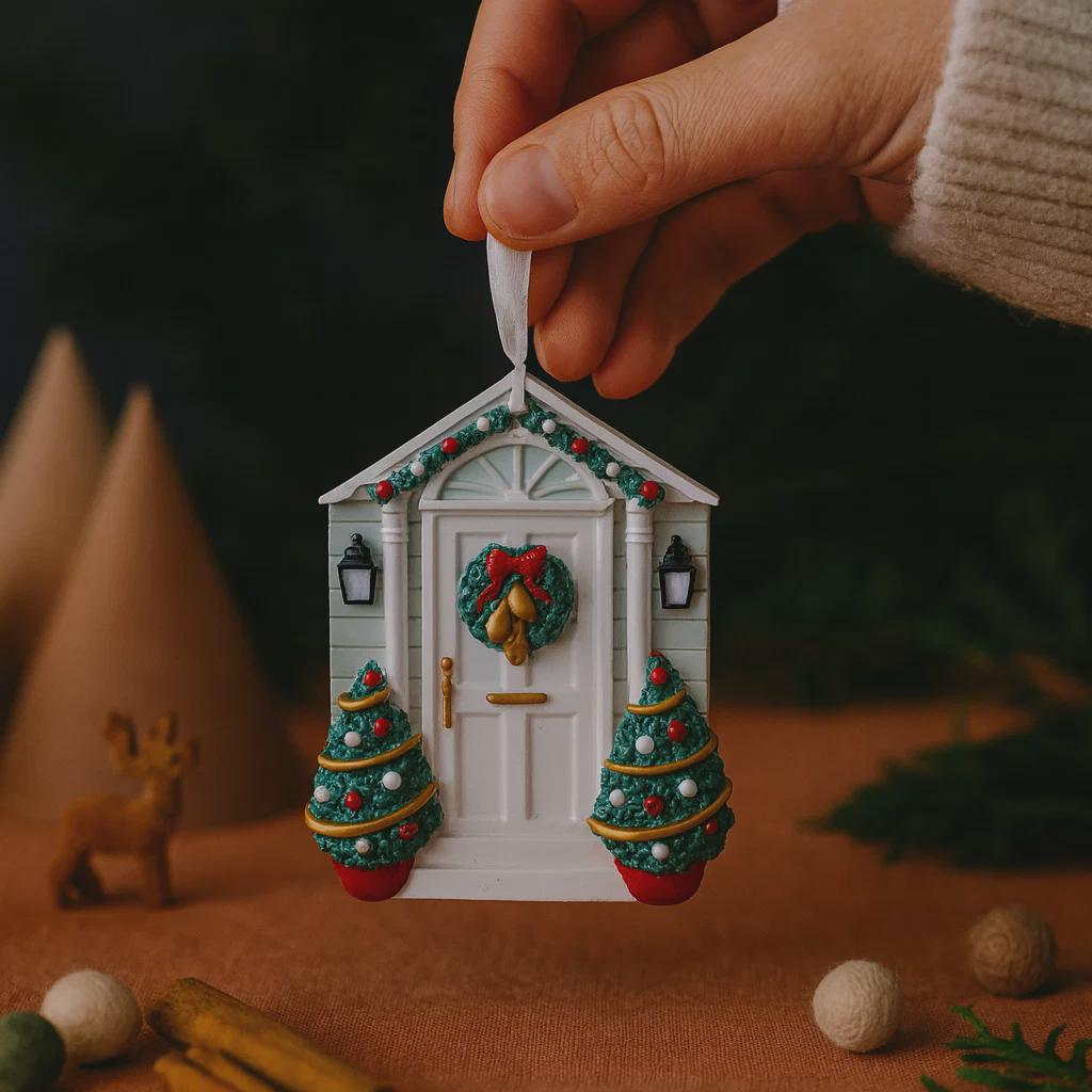 Decorative Christmas house ornament with a wreath and trees, held by a hand against a dark background.