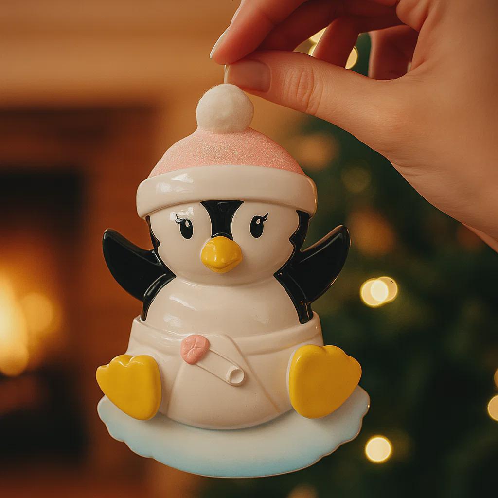 Personalized Baby Penguin First Christmas Ornament featuring a sweet penguin wearing a soft pink winter hat, sitting on a snowy base. The baby’s name is displayed on the hat and the year is placed on the belly, creating a meaningful keepsake for a newborn’s first holiday season. With bright yellow feet, soft winter details, and charming 3D design, this ornament is perfect for baby girls celebrating their very first Christmas and makes a thoughtful holiday gift for new parents.