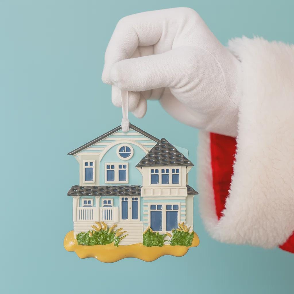 Hand wearing a white glove holding a miniature house ornament against a light blue background