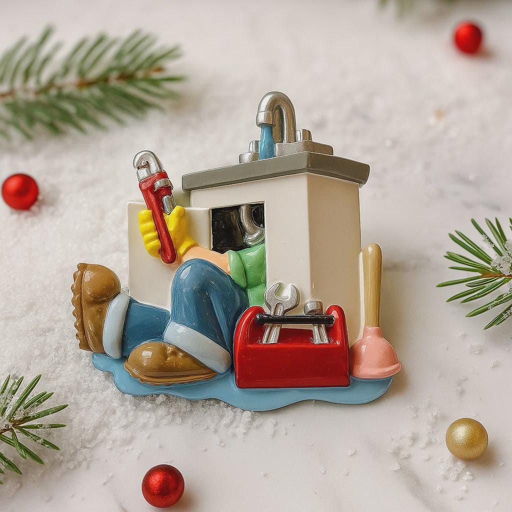 Decorative ornament of a plumber with tools on a white background with Christmas decorations.