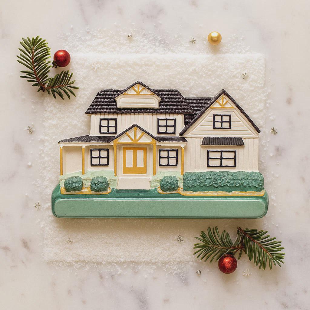Decorative house ornament on a marble surface with Christmas decorations.