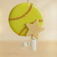 Load image into Gallery viewer, Decorative ornament shaped like a softball with a star and cleats on a beige background
