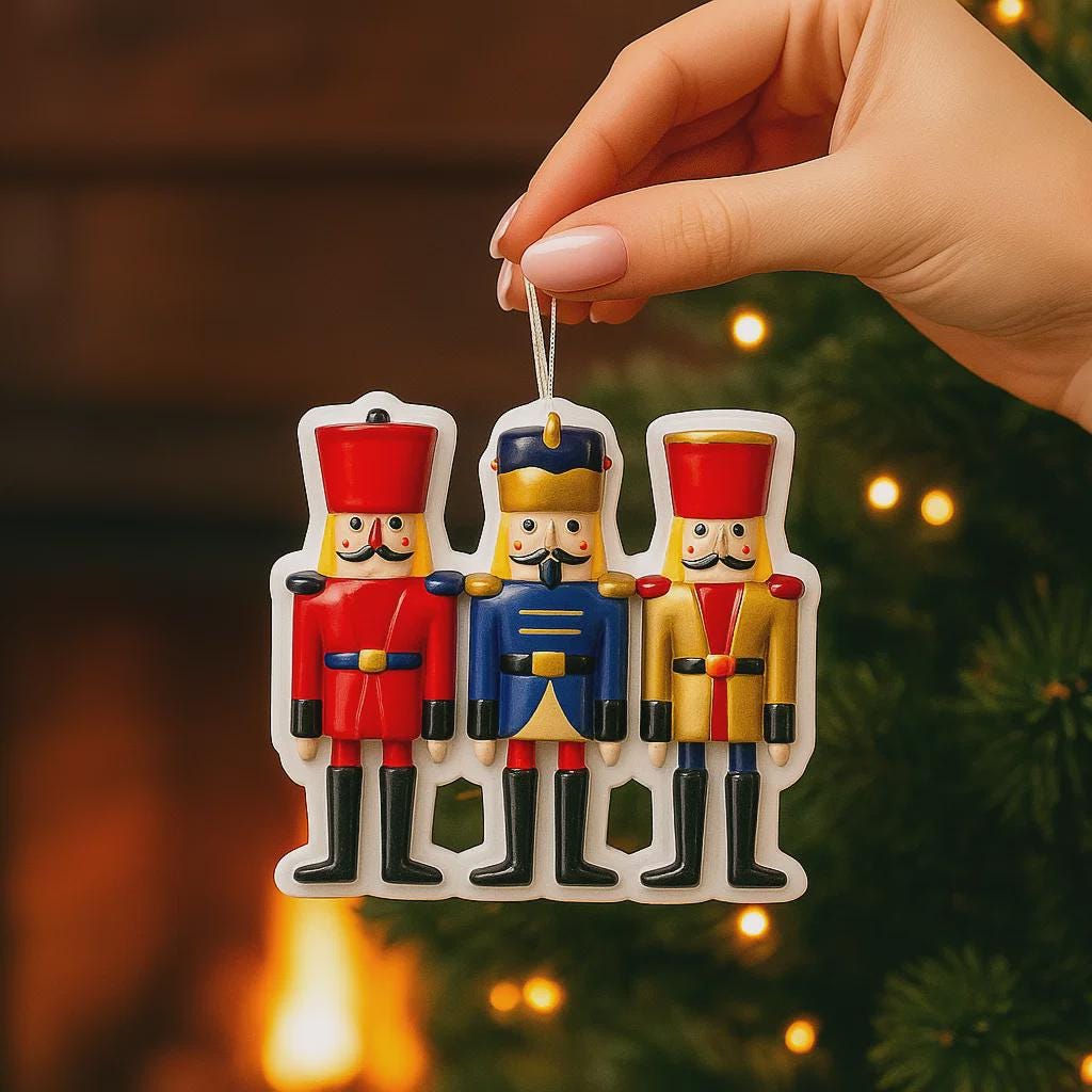 Three nutcracker figurines on a decorative tag held by a hand against a Christmas tree background.
