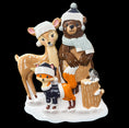 Load image into Gallery viewer, Decorative figurine of a bear, deer, and fox with snow hats on a white base.
