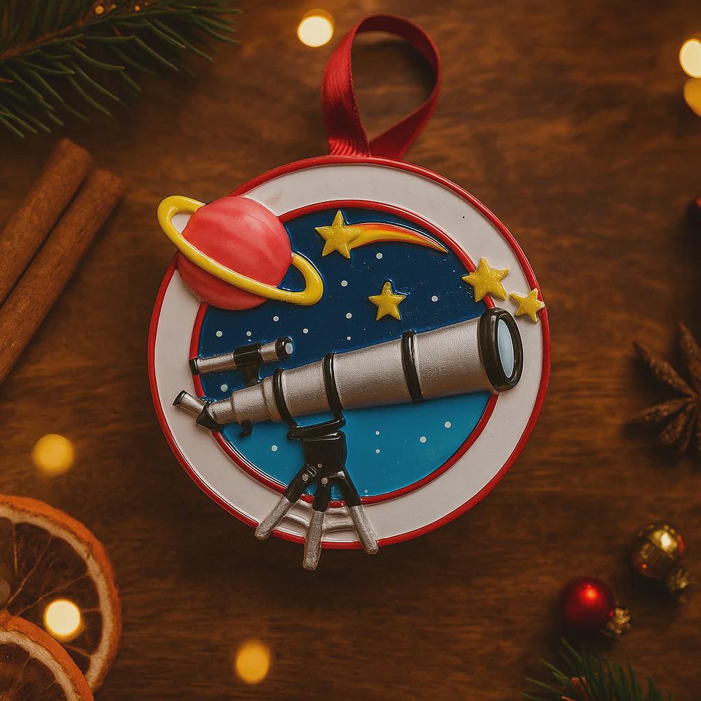 Decorative ornament with telescope and planets on a wooden surface with Christmas decorations.