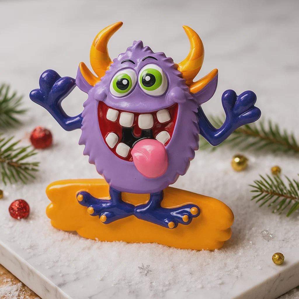 Colorful monster figurine with Christmas decorations on a white surface