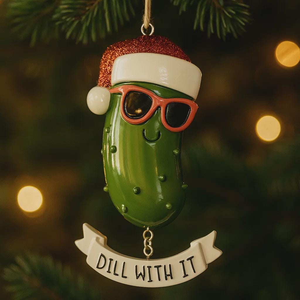 Christmas pickle ornament with sunglasses and Santa hat on a tree.