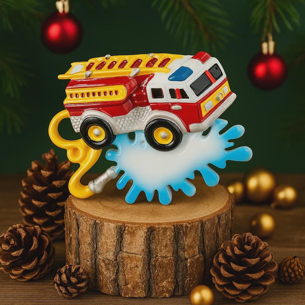 Toy fire truck on a wooden stump with Christmas decorations in the background