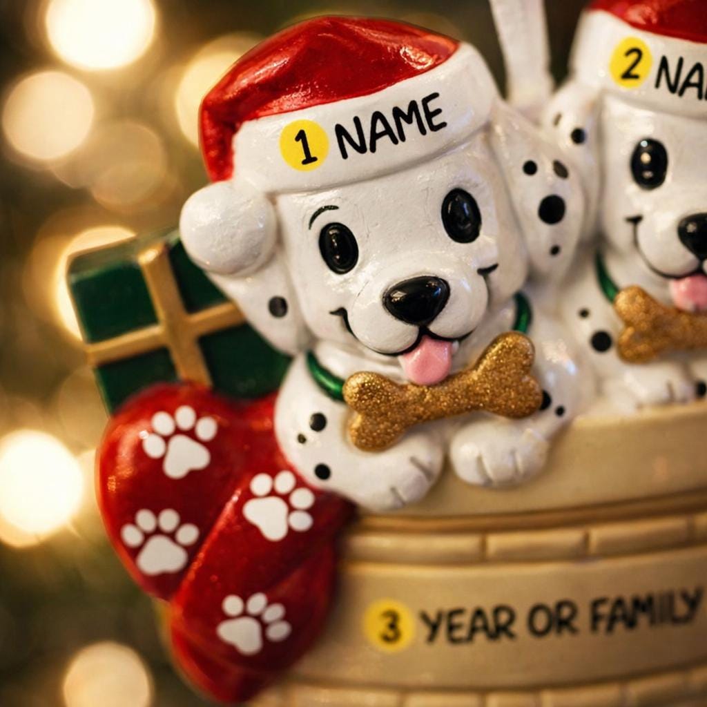 Personalized Christmas dog ornament featuring two adorable dalmatian puppies sitting together on a cozy basket, each wearing a Santa hat and holding a bone. Both puppies can be customized with names, while the front of the basket is personalized with a year or family name. Decorated with festive details like a stocking, gift box, and holiday accents, this ornament has a raised 3D front and smooth finish, making it perfect for dog lovers, couples, families, and Christmas tree decor.
