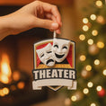 Load image into Gallery viewer, Personalized theater ornament featuring classic comedy and tragedy drama masks on a stage design. Custom name and year handwritten on the front banner. High detail 3D resin ornament with black hanging ribbon. Ideal Christmas tree decoration for theater lovers actors actresses drama students and stage performers. A meaningful keepsake celebrating passion for theater and performing arts.

