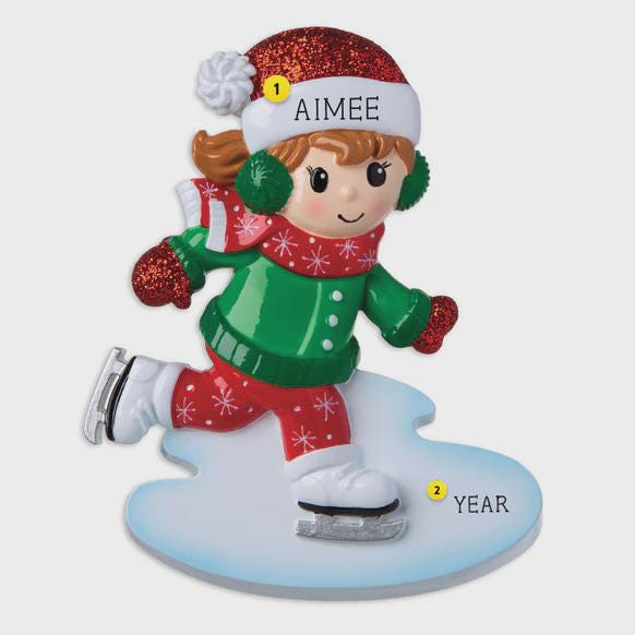 This ice skating girl ornament features a joyful winter character gliding on ice, wearing a festive red and green outfit with cozy winter details. The design highlights a playful skating pose, soft facial expression, and winter accessories that capture the magic of the holiday season. Personalized with a name on the hat and a year on the ice base, this ornament works beautifully as a Christmas tree decoration or winter keepsake gift for children and families.
