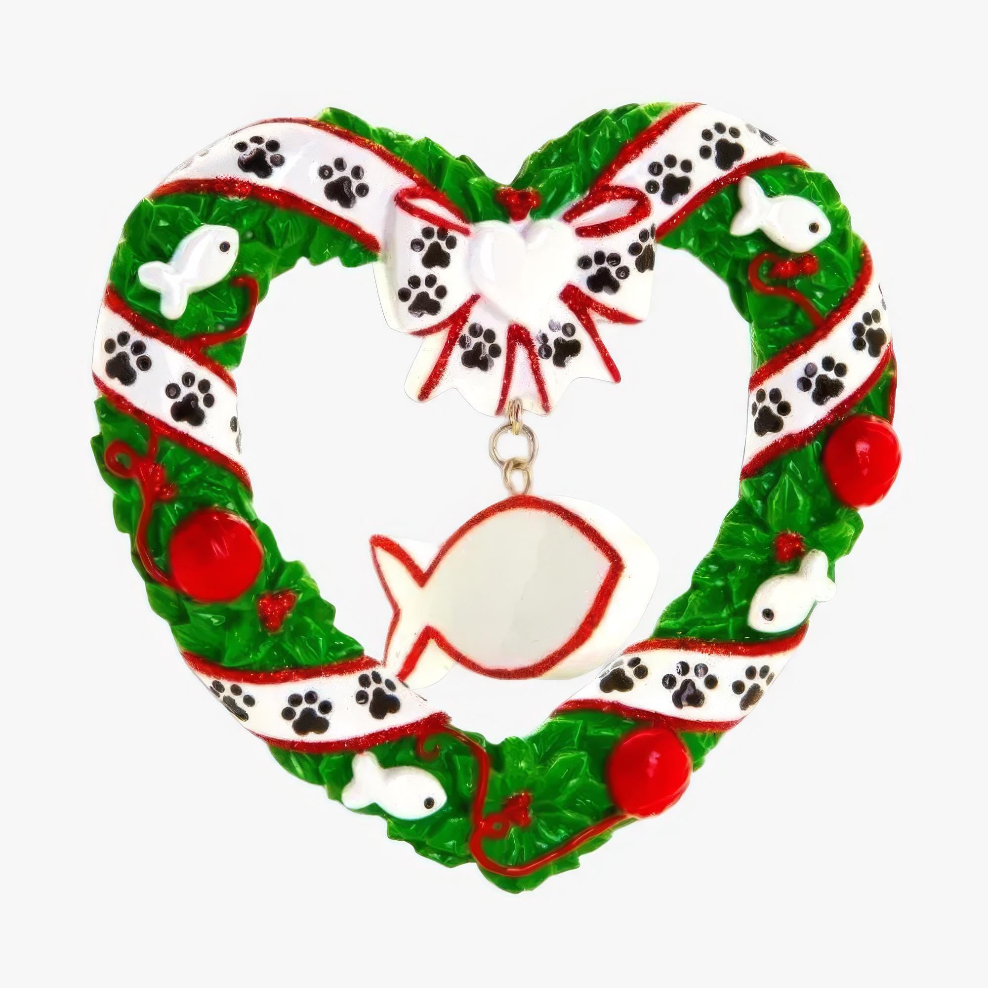 Personalized kitty Christmas ornament designed as a festive heart shaped wreath decorated with cat paw prints fish details and cozy holiday accents. The ornament includes a hanging heart tag that can be personalized with your cat’s name and year. Styled in a warm Christmas setting with soft snow texture and festive colors making it perfect for cat lovers holiday decor cat memorial keepsake and Christmas tree display.