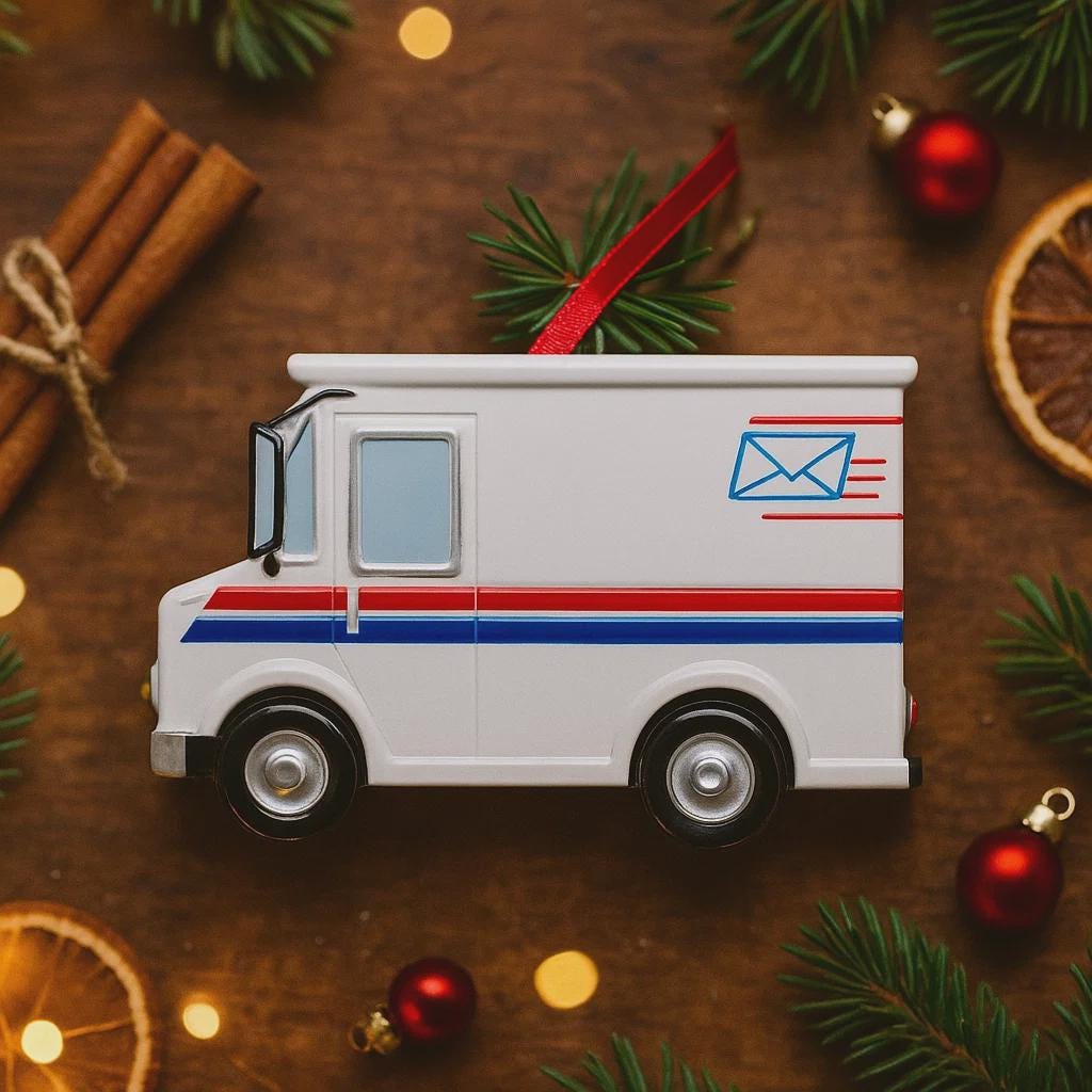 Toy mail truck ornament on a festive background with cinnamon sticks and Christmas decorations.