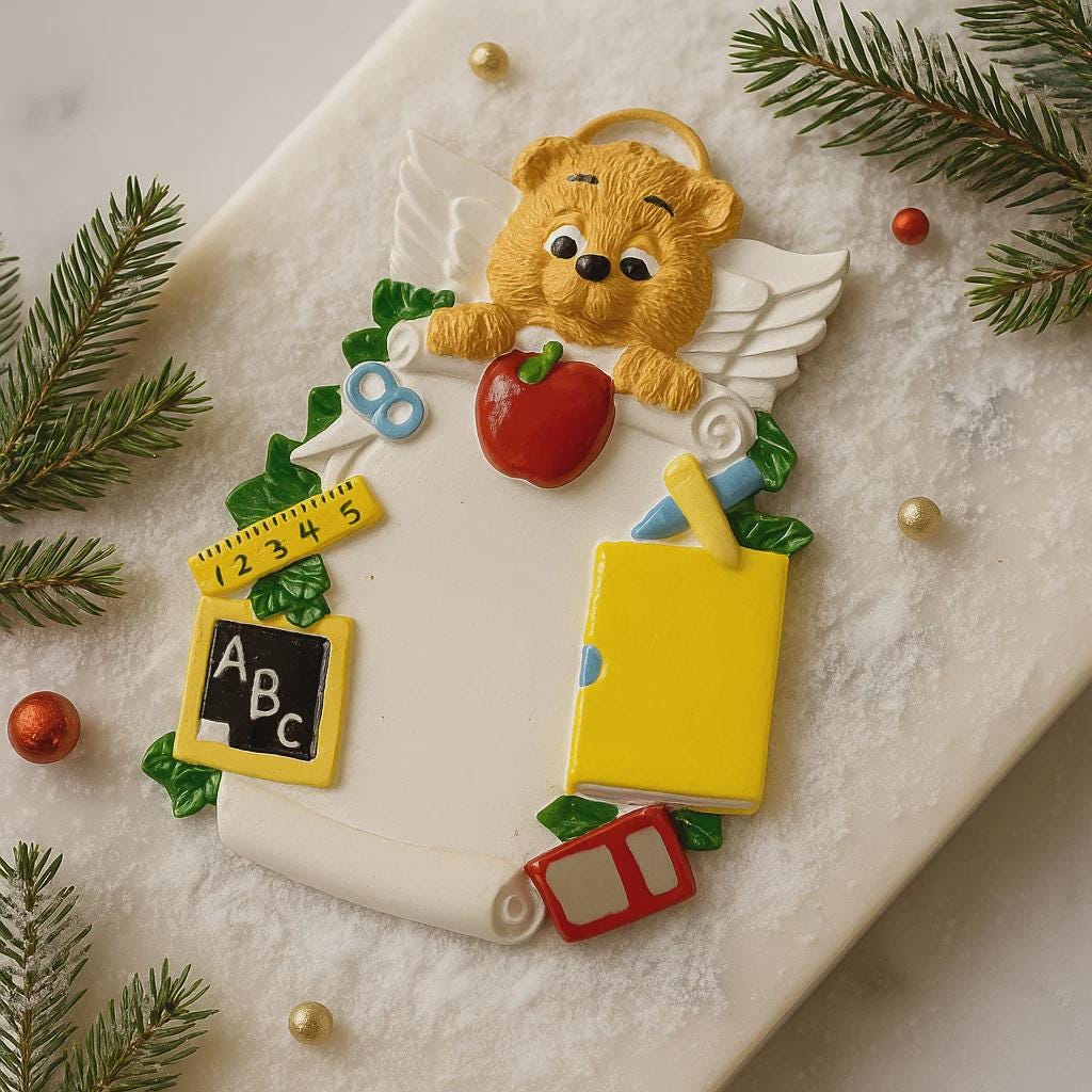 Decorative teacher angel ornament with educational items on a green background with Christmas decorations.