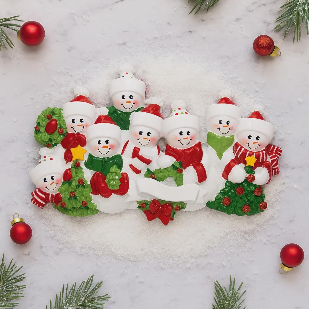 Snowman Family of 8 Christmas Ornament | Personalized Names and Year | Winter Tree Decor Keepsake
