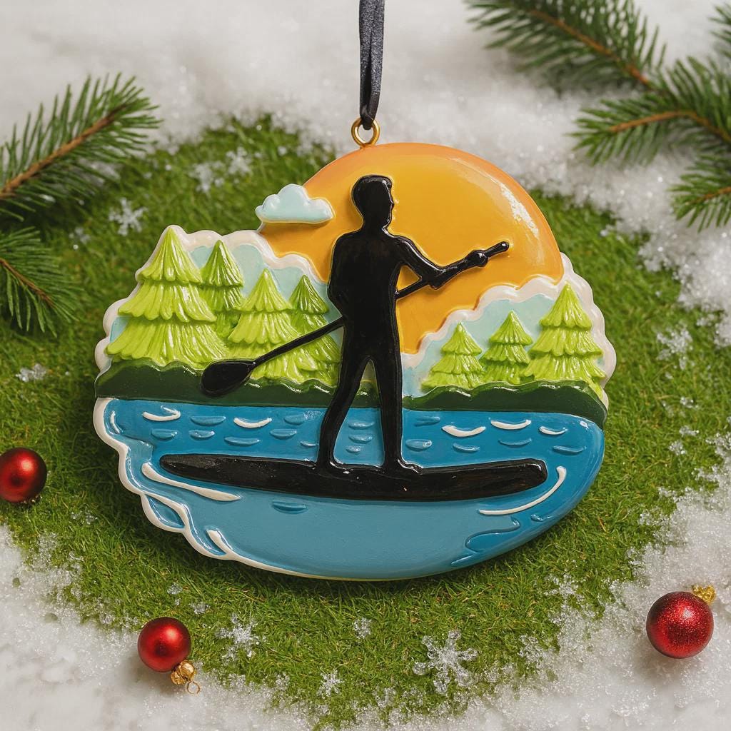 Decorative ornament of a paddleboarder on water with trees and sun, placed on a snowy surface with pine branches.