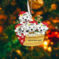 Load image into Gallery viewer, Personalized Christmas ornament with five Dalmatians in a basket, each labeled with a name, against a festive background.
