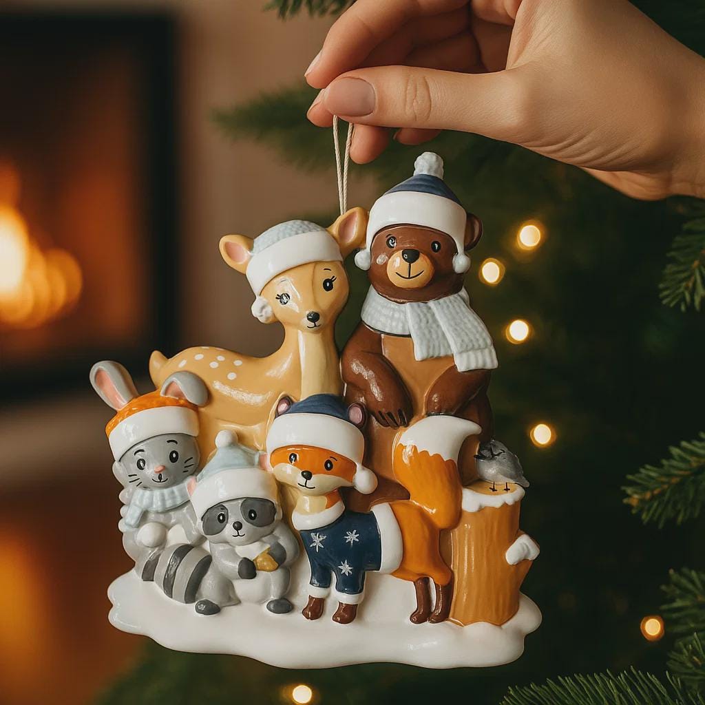 Decorative Christmas ornament with animals wearing winter hats and scarves, held by a hand against a festive background.