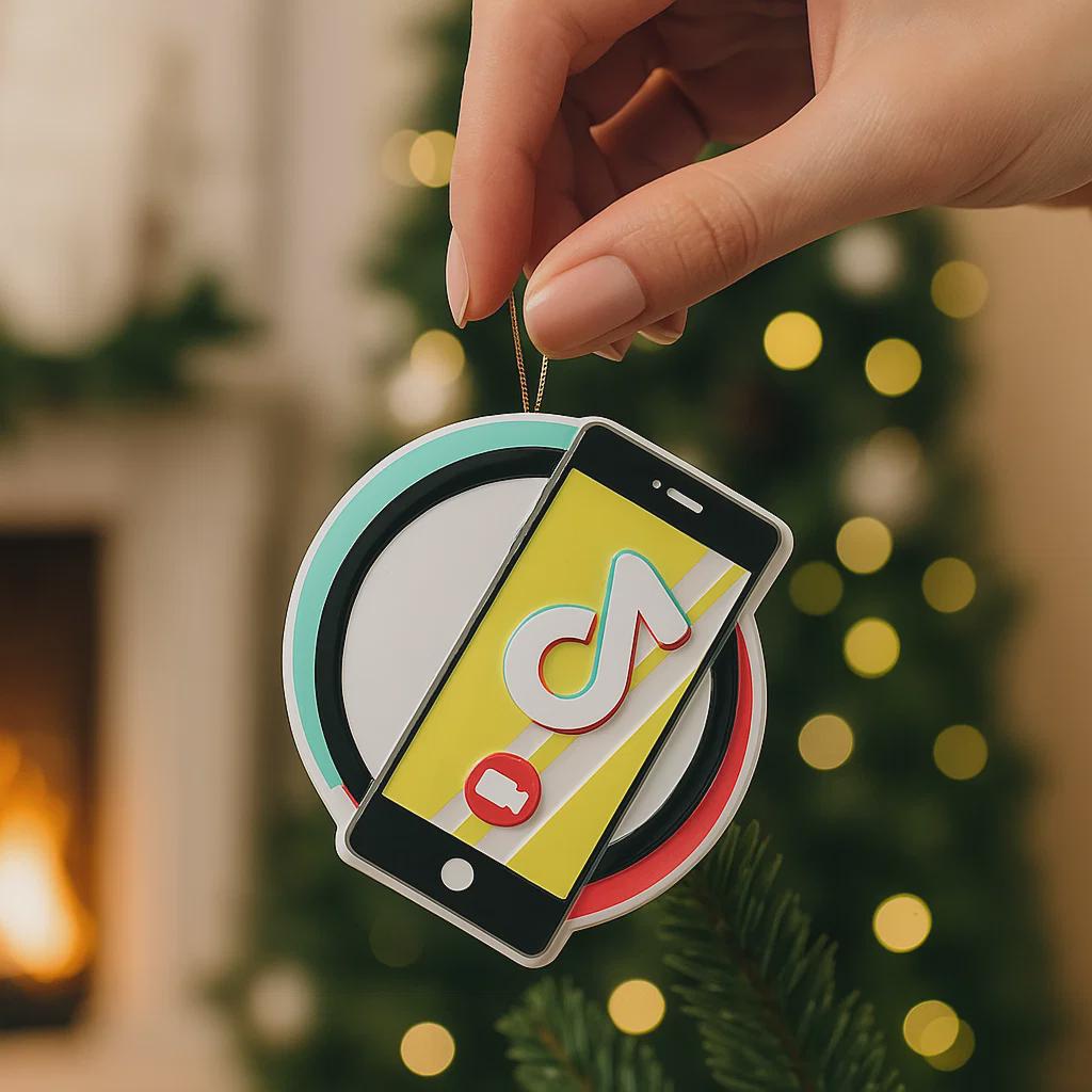 Decorative ornament with smartphone and music note design, held against a festive background.