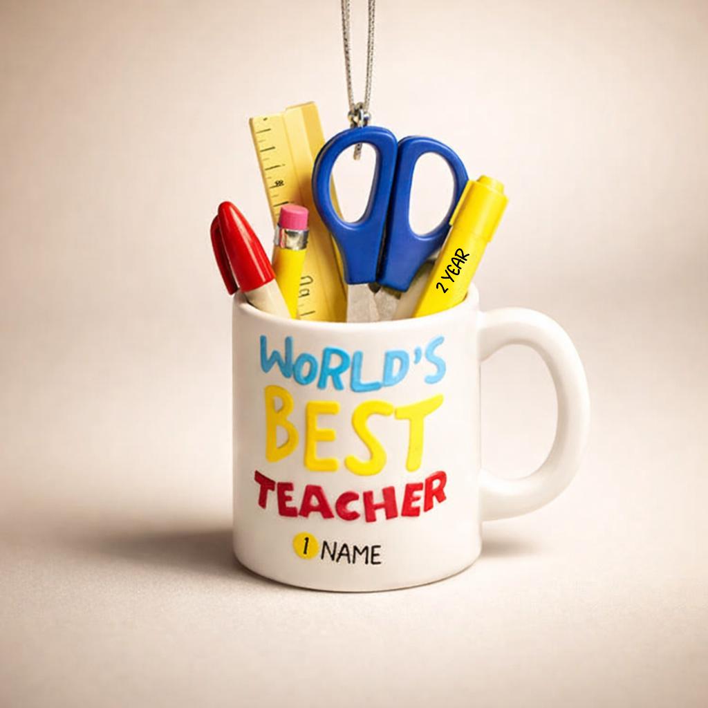 Personalized teacher ornament designed as a white mug filled with classroom tools including scissors ruler pencil and marker. The front reads Worlds Best Teacher with custom name personalization. Mostly 2D design with raised 3D tool details. A perfect Christmas ornament gift for teachers educators and school staff.