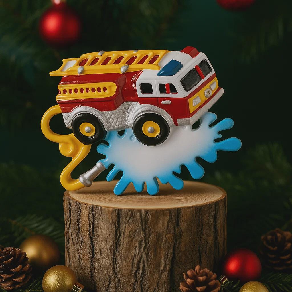 Colorful toy fire truck ornament on a wooden stump with Christmas decorations in the background.