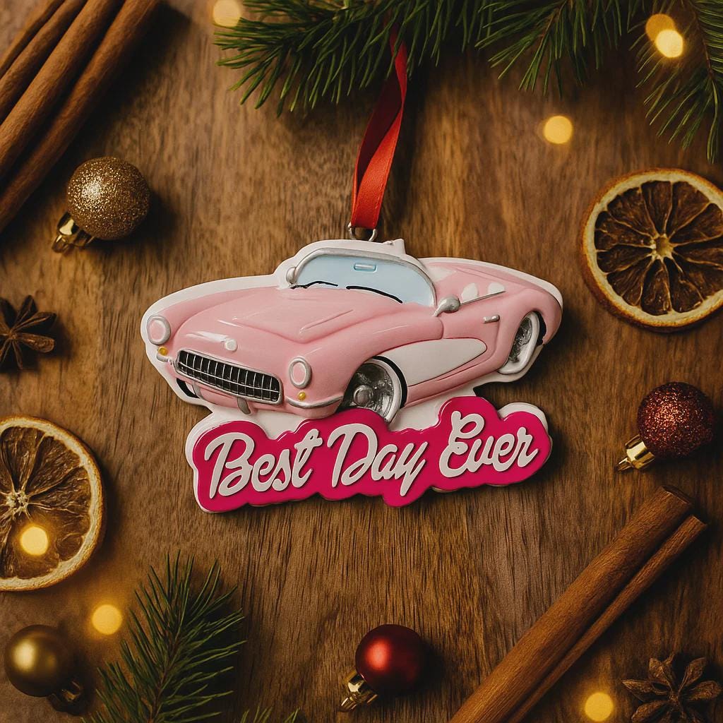 Personalized pink convertible car Christmas ornament with custom name detail and “Best Day Ever” text. This retro style pink car holiday ornament features raised 3D front details and a lightweight flat back design, perfect for Christmas tree décor. A fun keepsake gift for girls, car lovers, birthdays, graduations, or celebrating a special milestone during the holiday season.