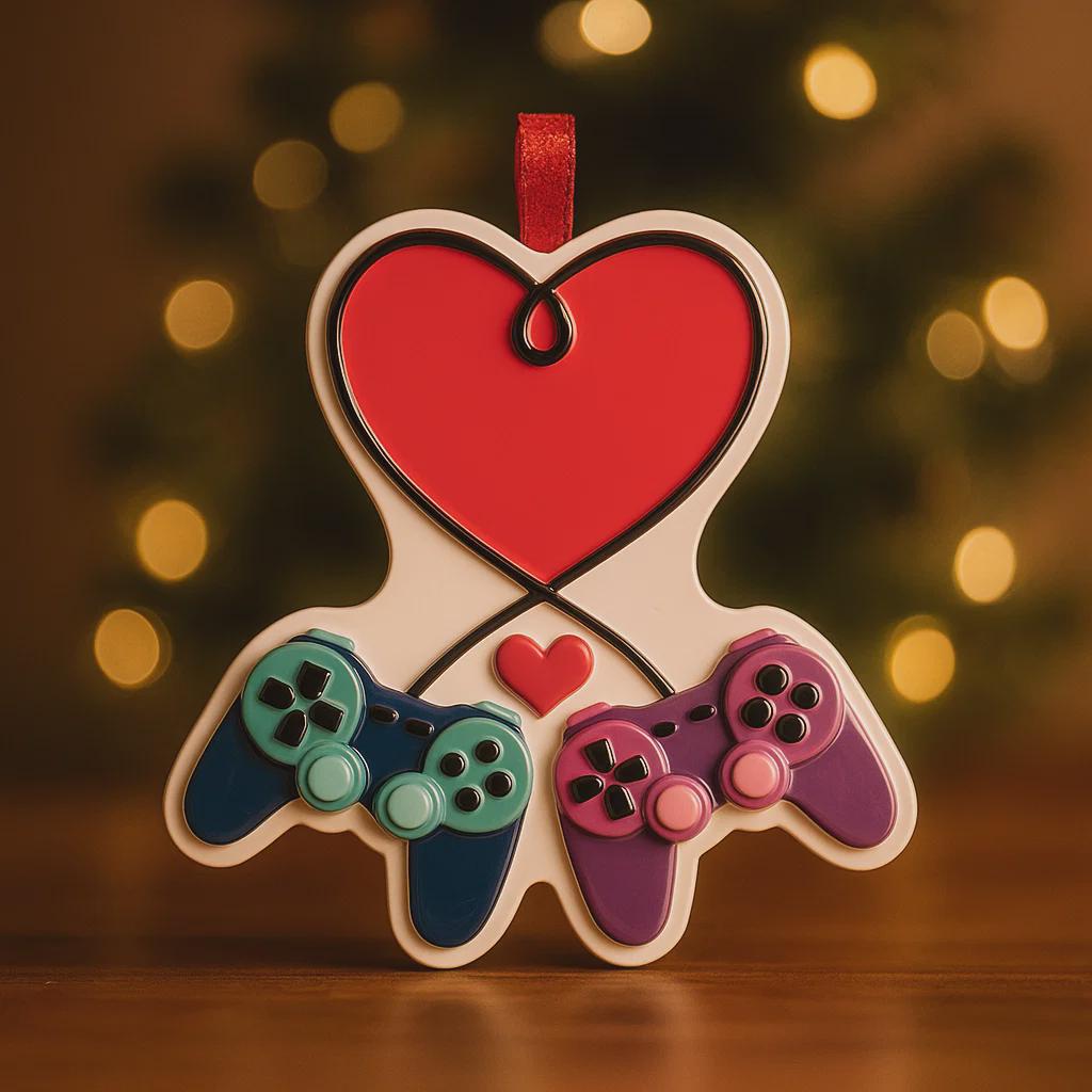Gamer themed Christmas ornament featuring two game controllers connected with a heart design. Personalized with two custom names and a year or family name displayed on the ornament. Raised 3D details add texture and depth making it a unique holiday keepsake for gamer couples and gaming partners.
