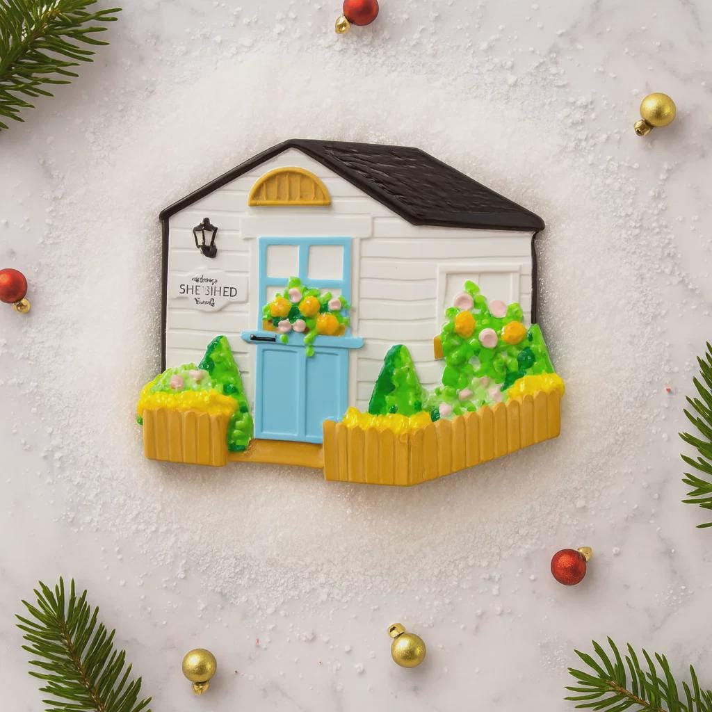 Decorative house ornament with a blue door on a textured white background with Christmas decorations.