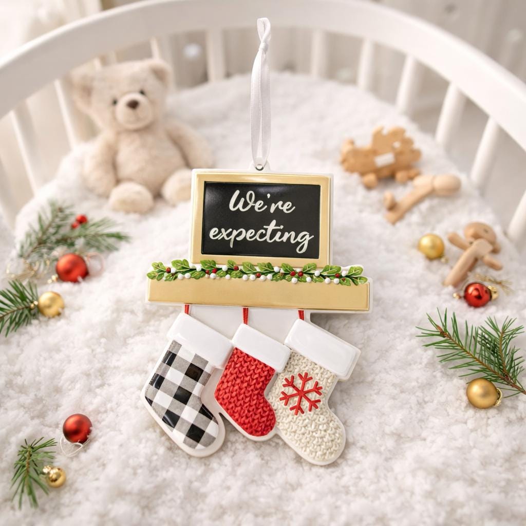 Decorative ornament with 'We're expecting' sign and Christmas-themed items on a white surface.