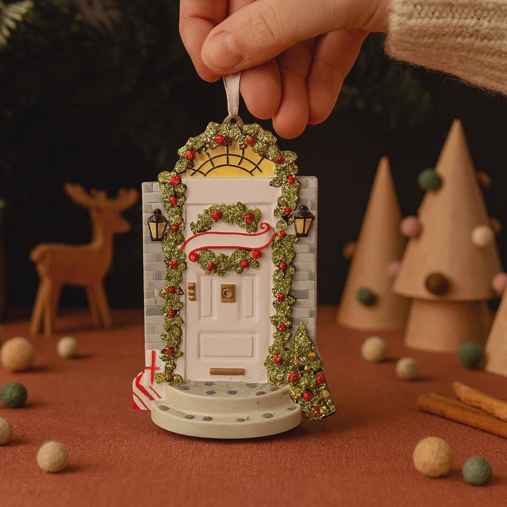 Decorative Christmas ornament of a door with wreath held by a hand against a festive background.