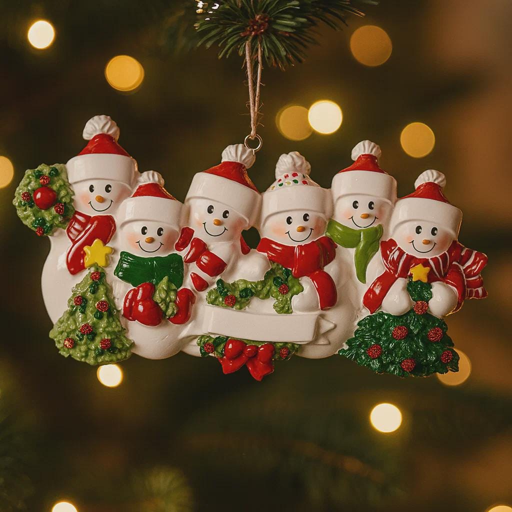 Snowman Family of 6 Christmas Ornament | Personalized Names and Year | Winter Tree Decor Keepsake